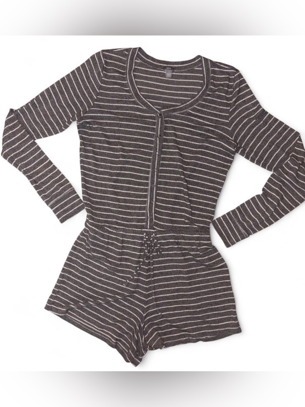 aerie Charcoal and White Striped Long-Sleeve Romper